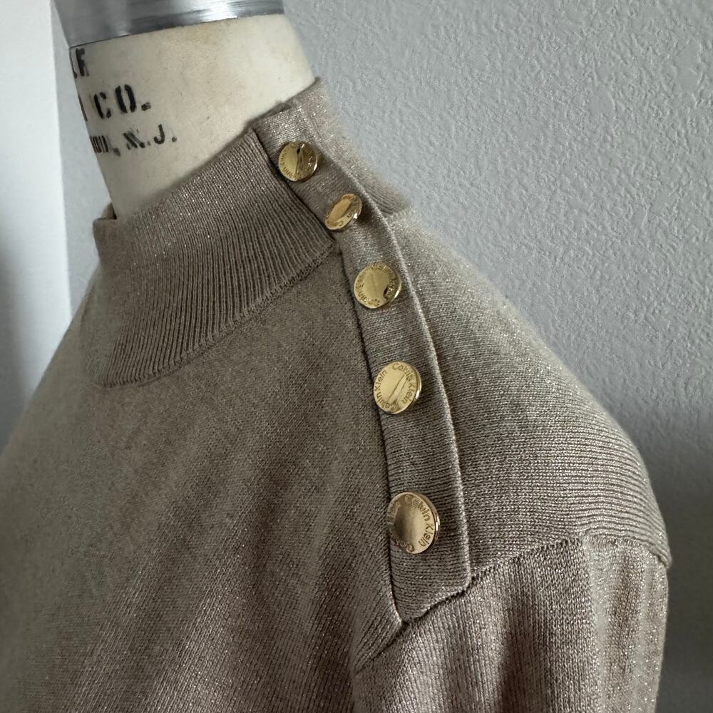 Calvin Klein | NWT Mock Neck Gold and Lurex Sweater with Gold Buttons size XL - Picture 4 of 12